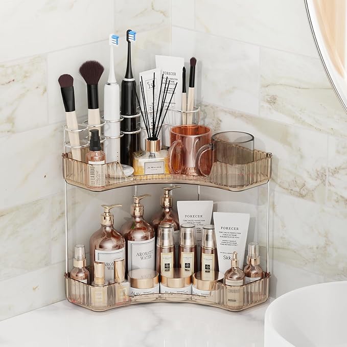 Asayuee 2-Tier Corner Bathroom Counter Organizer with Top Toothbrush Holders,Large Makeup Organizer Countertop with Brush Holder,Skincare Organizers Corner,Exquisite Vanity Organizer (Gold, 2 Tier)