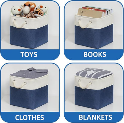 Temary Fabric Storage Cubes 11x11 Cube Storage Bins 4Pack Blue Basket for Organizing Home, Closet, Empty Gift Baskets with Handles (White&Blue)