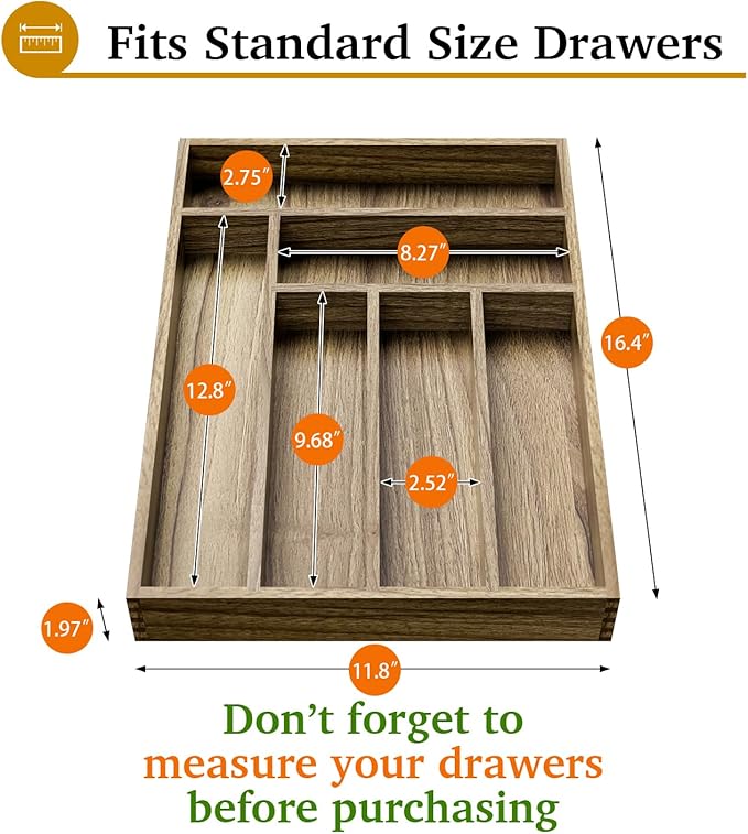 Kiasthome Acacia Wood Silverware Drawer Organizer, Kitchen Utensil Cutlery Drawer Organizer with Dividers, Flatware Organizer, Silverware Tray Holder for Spoons, Forks, 11.8''x16.5'' (6 Slots)