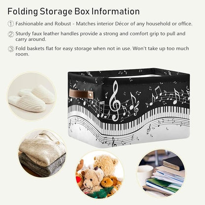 Foldable Storage Baskets Set of 2, Piano Keys Musical Notes Storage Bins with Handles, Decorative Cloth Organizer Storage Boxes for Home|Office 15 x 11 x 9.5 in