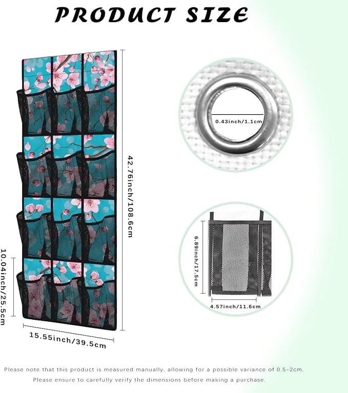 Cherry Blossom Over Door Shoe Organizer Easy to Install Behind the Door Storage 4 Shelf 12 Mesh Pockets Hanging Rack for Shoes and Accessories Multi-purpose Door Hanger Organizer