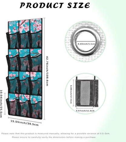 Cherry Blossom Over Door Shoe Organizer Easy to Install Behind the Door Storage 4 Shelf 12 Mesh Pockets Hanging Rack for Shoes and Accessories Multi-purpose Door Hanger Organizer