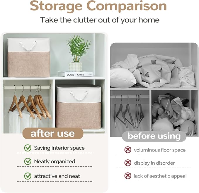 12 x 12 Inch Cube Storage Bins, 4 Pack Fabric Storage Basket with Handles, Foldable Boxes Organizer for Shelf Baskets for Home, Clothes (White/Khaki)