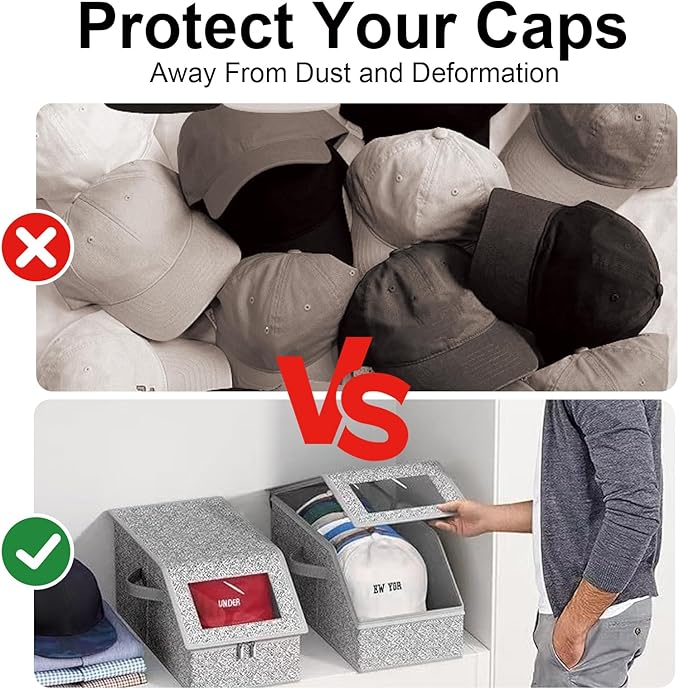 2 Pack Hat Organizer for Baseball Caps, Stackable Hat Storage Box for Closet, Cap Organizer & Cowboy Hat Case, Dustproof Hat Holder for Snapback Trucker Hats, Grey Hat Box