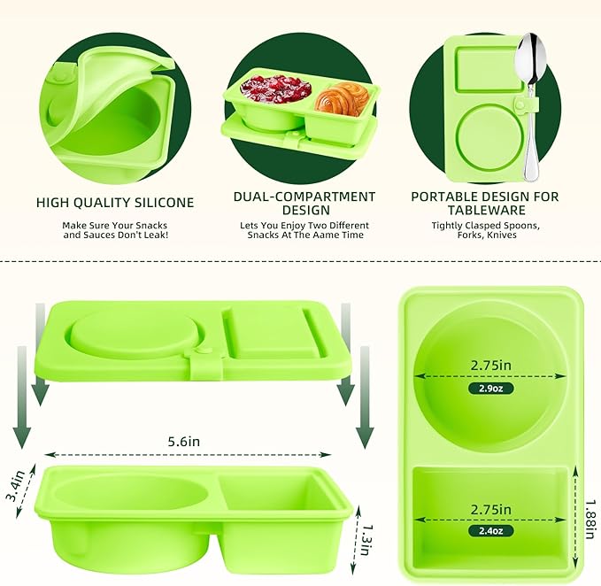 3 Pack Silicone Snackle Containers with Lids, Reusable 2 Compartment Snack Box Containers Salad Dressing Sauce Seasoning Container, Small Mini Food Snack Boxs for Travel, Office, Picnic