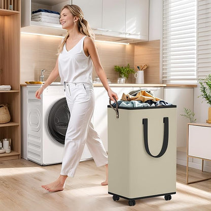 SpaceTrove Laundry Basket with Wheels, Collapsible Laundry Baskets, Laundry Hamper with Handles Detachable Wheels, Rolling Laundry Basket, Dirty Clothes Hamper for Bathroom, Dorm, Bedroom, Beige, 80L