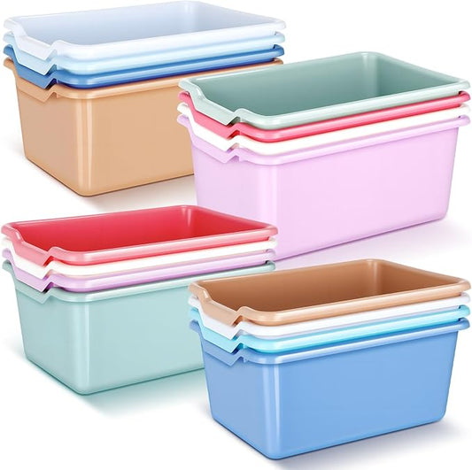 Dandat 16 Pcs Plastic Book Bins for Classroom Library Cubby Bins Scoop Front Stackable Toy Storage Tubs Containers for School Office Home Nursery Playroom Organization (Pastel Color)