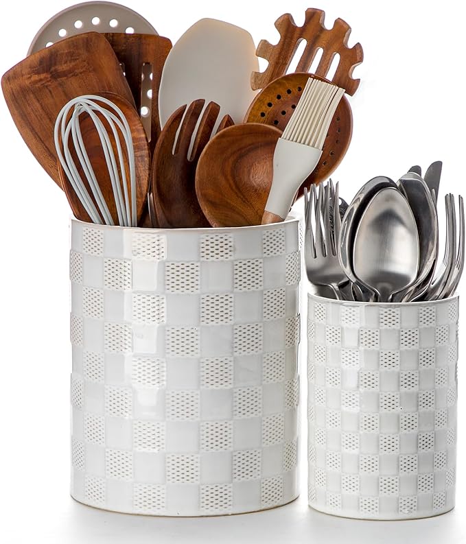 Nucookery Utensil Holder, Extra Large Ceramic Utensil Crock for Kitchen Counter, Stable Spatula & Flatware Organizer, Farmhouse Embossed Kitchen Decor, Set of 2 (Checkered)