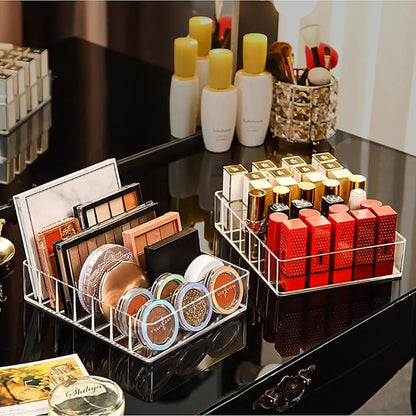 JessLab Makeup Organizer for Eyeshadow Palette and Lipstick, 7-Section Acrylic Divided Cosmetics Storage for Bathroom Vanity Countertop, Transparent, X-Large