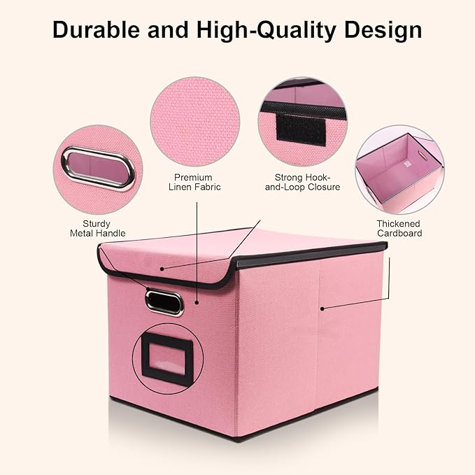 File Storage Box with Lid, 15.55x12.87x10.43 Inches, Foldable Organizer with Handles & Label Slot, for File Storage, Home, Office, and Closet Organization(4 Packs, Pink)