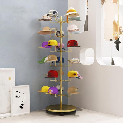 6 Tier Hat Rack with 30 Hooks, Freestanding Hat Rack Stand, Metal Hat Organizer Rack, Rolling Retail Hat Display Rack for Home/Store(Gold,6 Tier)