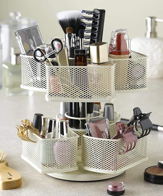 Nifty 2-Tier Cosmetic Organizing Carousel - Cream Powder Coat Finish, Spins 360-Degrees, Cosmetic Bathroom or Bedroom Vanity Storage, Beauty Supplies Organizer, Lazy Susan Platform