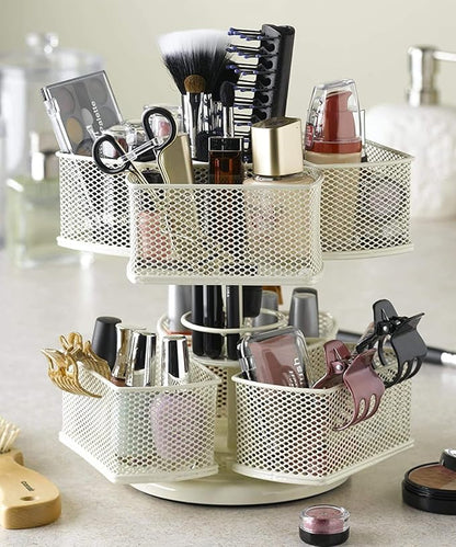 Nifty 2-Tier Cosmetic Organizing Carousel - Cream Powder Coat Finish, Spins 360-Degrees, Cosmetic Bathroom or Bedroom Vanity Storage, Beauty Supplies Organizer, Lazy Susan Platform