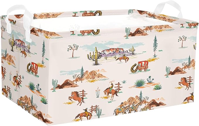 3 Pcs Western Bull Boho Rectangle Storage Basket Collapsible Highland Cow Storage Bin for Nursery Toys Books Waterproof Baskets for Closet Shelves Bedroom Decor(Cow)