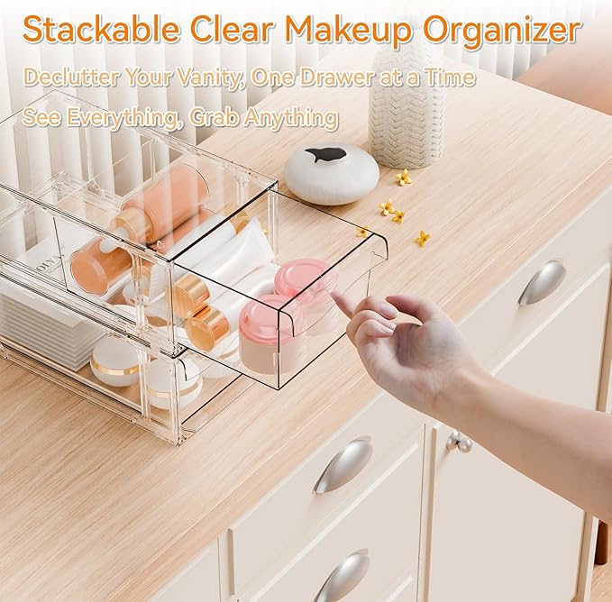 Yieach 6 Pack Clear Stackable Storage Drawers,4.5" Tall Acrylic Makeup Organizer Drawers and Medicine Cabinet Organizers,Pull Out Plastic Bathroom Closet Organizer for Hair Clip,Baby Bottle,Pacifier