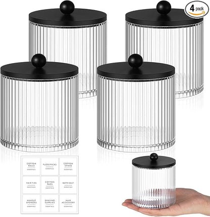 Yaomiao 4 Pcs Plastic Holder Dispenser Bathroom Jars with Black Bamboo Lids and Label Stickers, 18 oz Apothecary Canister with Fluted Design for Cotton Ball, Swab, Floss Picks House Storage