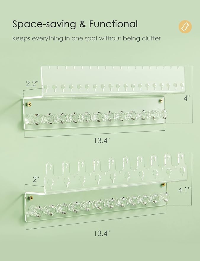 Acrylic Hanging Jewelry Organizer Wall Mounted Jewelry Holder with Floating Shelf, Necklace Holder Organizer, Stud Earring Organizer and Ring Holder for Women Girls (2 Pack)