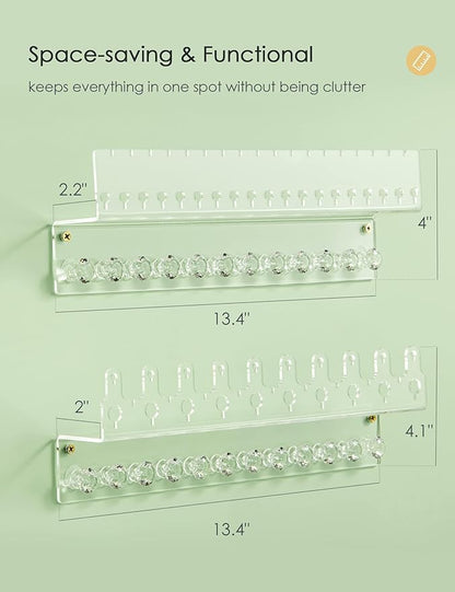 Acrylic Hanging Jewelry Organizer Wall Mounted Jewelry Holder with Floating Shelf, Necklace Holder Organizer, Stud Earring Organizer and Ring Holder for Women Girls (2 Pack)