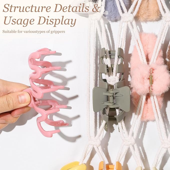 SNOWSTAR Macrame Claw Clip Organizer, Hanging Hair Clip Holder for Women Girls, 4-Tier Diamond-Shaped Grid Claw Clip Hanger, Hanging for Wall,Door,Closet. (white)