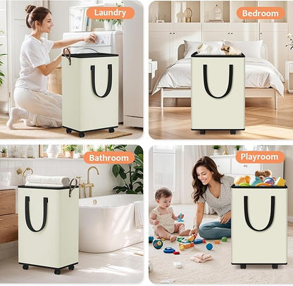 SpaceTrove Laundry Basket with Wheels, Collapsible Laundry Baskets, Laundry Hamper with Handles Detachable Wheels, Rolling Laundry Basket, Dirty Clothes Hamper for Bathroom, Dorm, Bedroom, Cream, 80L