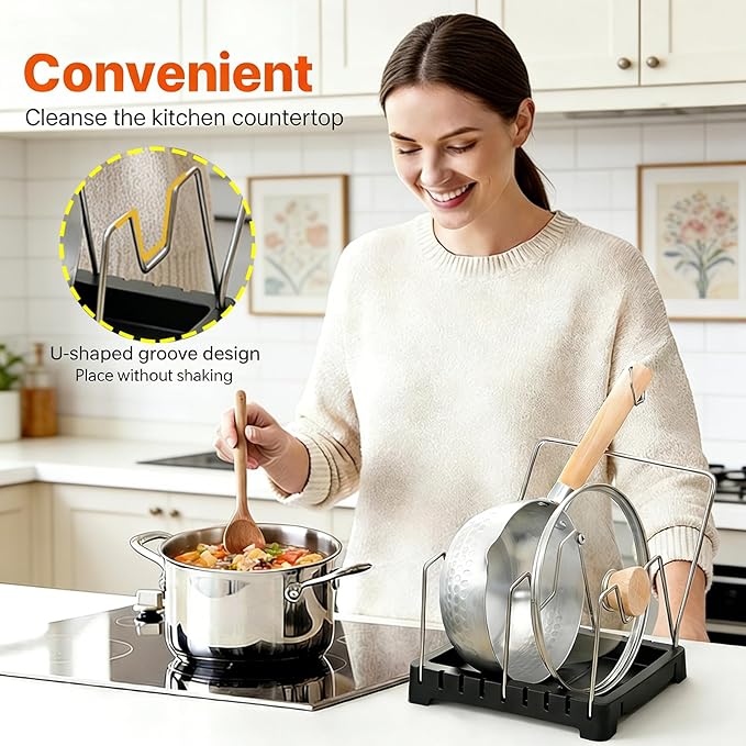 Adjustable Pot Lid Holder with Drip Tray, 2 in 1 Pot Lid Organizer & Spoon Rest, Stainless Steel Lid Holder for Countertop & Cabinet While Cooking, Space Saving Kitchen Pot Cover Rack, Easy Clean