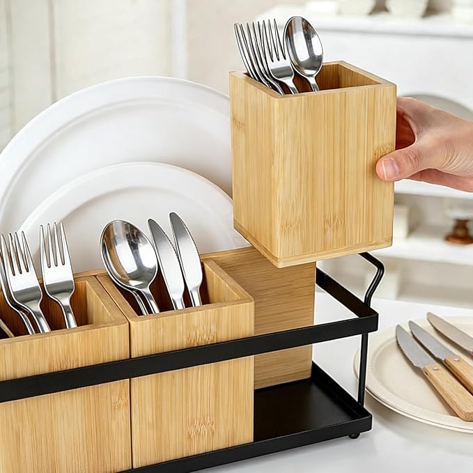 MECHEER Kitchen Silverware Caddy Utensil Holder for Party Paper Plate Holders Flatware Cutlery Organizer Wood Utensil Holder with Removable Dividers for Forks Plates Spoons