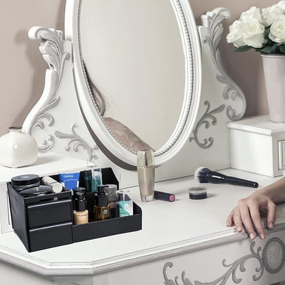 skin care organizer,Makeup Desk Organizer With Drawers ,Countertop Organizer for Cosmetics,Vanity brush with Holder for Lipstick, Brushes, Eyeshadow, and Jewelry Desktop Finishing Dresser (black)