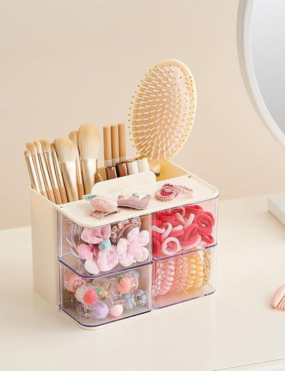 UFORU Hair Accessories Organizer with Hair Brush Holder, 4 Drawer Rotatable Hair Tie Organizer for Makeup Brushes, Hair Clips, Earrings, Necklaces, Bracelets and Hair Accessories, White, 2-Layer