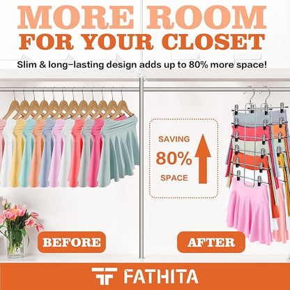 6-Tier Space Saving Pants Hangers with Clips, Multi-Functional Skirt & Jean Organizer for Small Closets, Dorm Room Essentials, 2 Pack Metal Clothes Storage