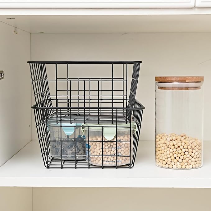11" Upright Freezer Storage Baskets, Black Wire Storage Bins Small Bakset for Freezer, Pantry, Bathroom Organizing, Set of 2