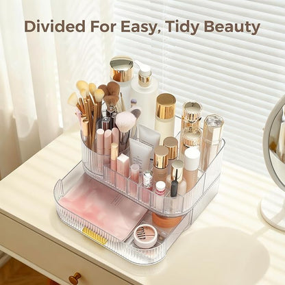Delamu Makeup Organizer for Vanity with Stackable Drawers, 360 Rotating Makeup Brush Holder Large Cosmetic Display Case, Bathroom Skincare Storage, Crystal Clear, Ideal Gifts for Women