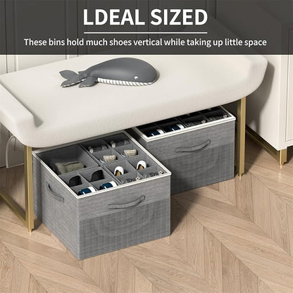 Aokeyee Shoe Organizer for Closet,2 Pack Foldable Shoe Storage Organizer Box Bin with Adjustable Dividers and Clear Cover, Fits up to 16-32 Pairs