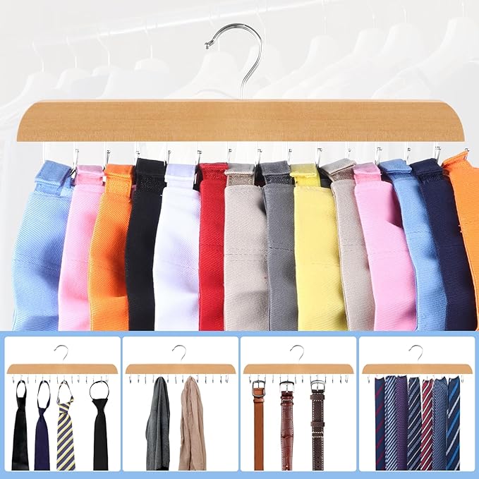 Hat Hangers for Closet, 2 Pack Hat Organizer for Baseball Caps with 14 Hooks Space Saving Hat Racks Ball Caps Hat Holder Organizer Tie Belt Hanger for Closet Storage Solution (Wood)