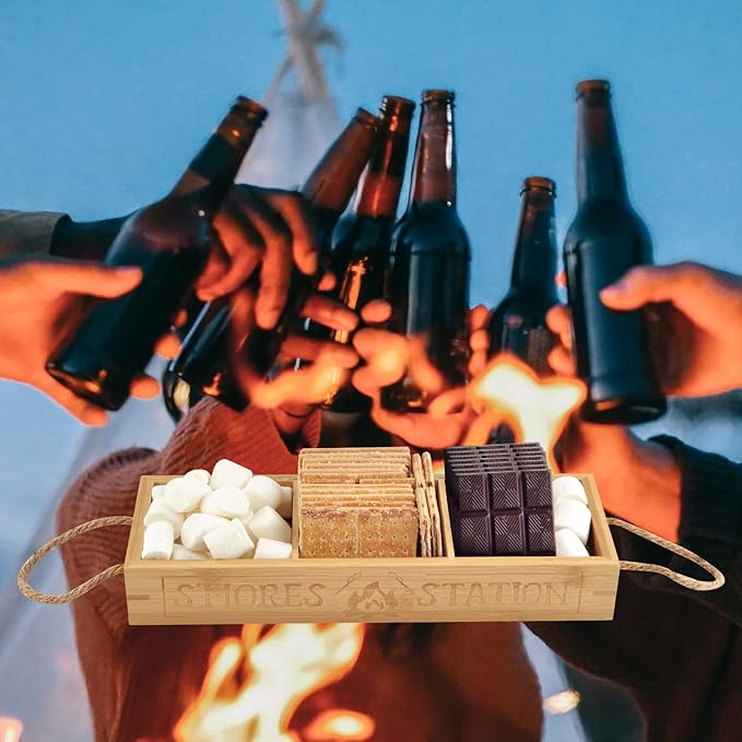 WANGDEFA S'mores Station Box Smores Caddy Smores Tray Smores Basket for Fire Pit S'mores Bar Holder Wooden Organizer Box for Serving Snacks Camping BBQ Accessories Displaying Utensils