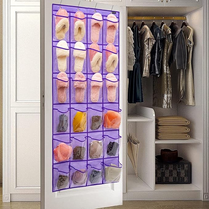 Modern Over the Door Shoe Rack Organizer with 24 Clear PVC Pockets, Purple