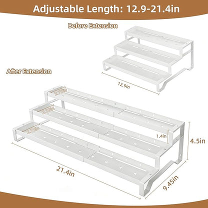 SANKEU Expandable Spice Rack Organizer for Cabinet 3 Tiered Metal Seasoning Organization with Guardrails Spice Shelf Storage for Jars Adjustable Length 13"-21" White 1Pack