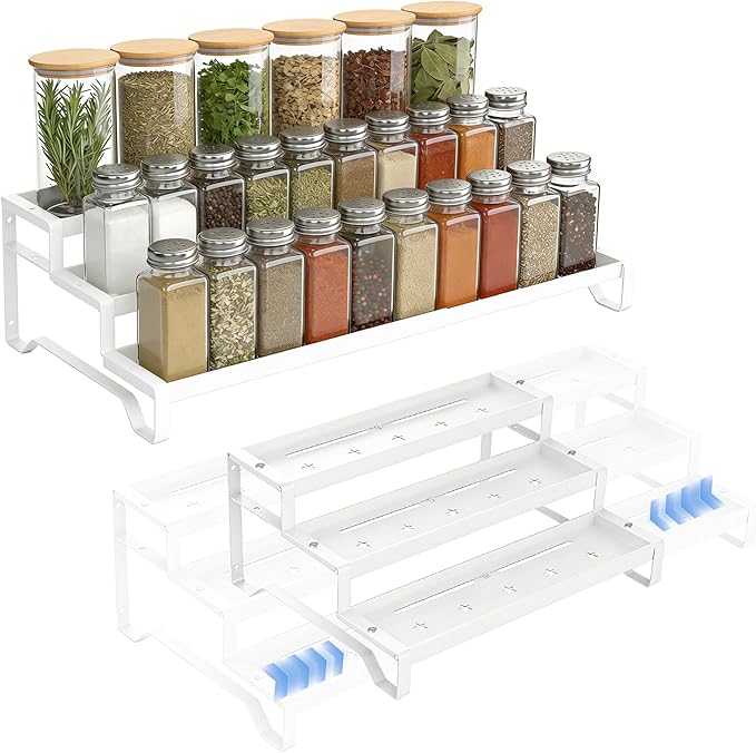 SANKEU Expandable Spice Rack Organizer for Cabinet 3 Tiered Metal Seasoning Organization with Guardrails Spice Shelf Storage for Jars Adjustable Length 13"-21" White 1Pack