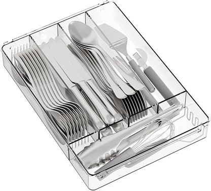Yieach Clear Small Silverware Organizer 9 inch Wide for Kitchen Drawers,BPA Free Silverware Trays and Plastic Silverware Dividers & Holder,Utensil and Flatware Drawer Organizer Suitable for Fork,Spoon