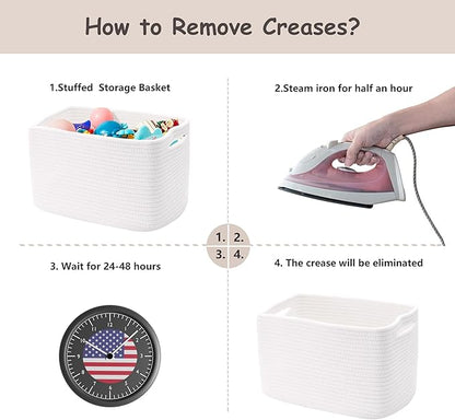 Set of 4 White Rope Basket for Shelves Woven Rectangle Storage Basket Bins for Nursery Toy Storage for Baby Girl 12.7" L x 9" W x 7.8" H