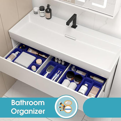 10 PCS Drawer Organizer Set, 4 Size Makeup Drawer Divider Organizer With Non-Slip Pads, Interlocking Plastic Storage Bins for Office,Jewelry Vanity,Gadgets, Bathroom,Kitchen, Navy