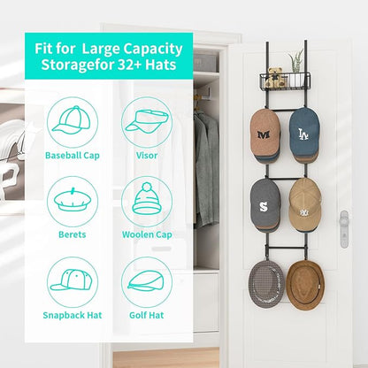 HapiRm Over Door Hat Rack - 2 Packs Wall Mounted Hat Holder with 6 Hooks and Metal Basket Design, Baseball Cap Organizer Storage Up to 32 Caps for Door, Bedroom, Closet, Black