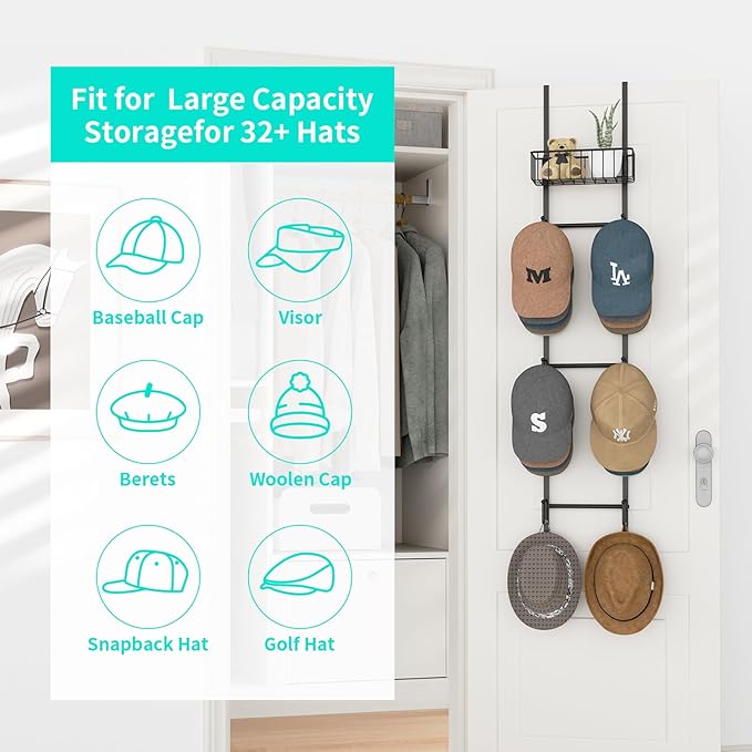 HapiRm Over Door Hat Rack - Wall Mounted Hat Organizer with 6 Hooks and Metal Basket Design, Baseball Cap Organizer Storage Holder Up to 32 Caps for Door, Bedroom, Closet (Black)