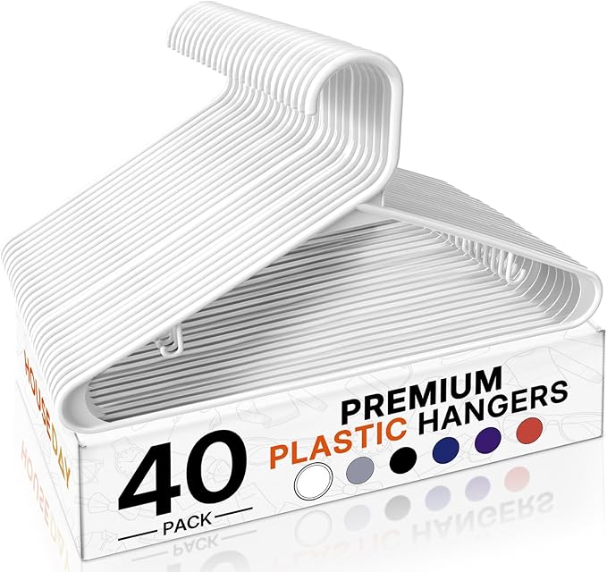 HOUSE DAY White Plastic Hangers 40 Pack, Plastic Clothes Hangers with Built-in Strap Hooks, Space Saving Slim Hanger for Closet Organizers and Storage, Durable Clothing Hanger for Shirts Blouses Tops
