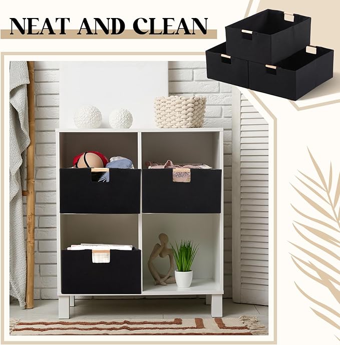 Cinnvoice 3 Pack Fabric Storage Bins for Closet Shelves, Rectangle Wardrobe Organizer with Handle, Collapsible Shelves Storage Basket for Sorting Clothes and Toy (Black,16.5 x 12.2 x 6.7 Inch)