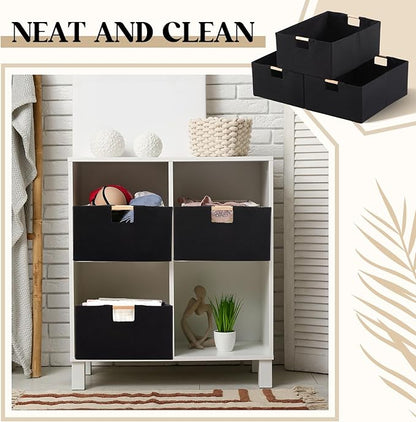 Cinnvoice 3 Pack Fabric Storage Bins for Closet Shelves, Rectangle Wardrobe Organizer with Handle, Collapsible Shelves Storage Basket for Sorting Clothes and Toy (Black,16.5 x 12.2 x 6.7 Inch)