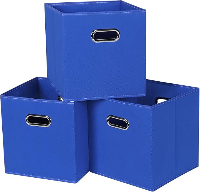 Black Fabric Cubby Storage Bins,13x13x13 Inches ,Cube Organizer Bin Foldable Storage Boxes with Dual Handles Fabric Organizer Box and collapsible Storage basket,Set of 3 ,Dark Blue