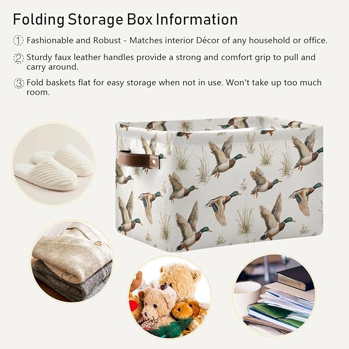 Mallard Ducks Reeds Square Baskets Storage Bins Foldable Fabric Organizer Bin Open Home Shelf Baskets