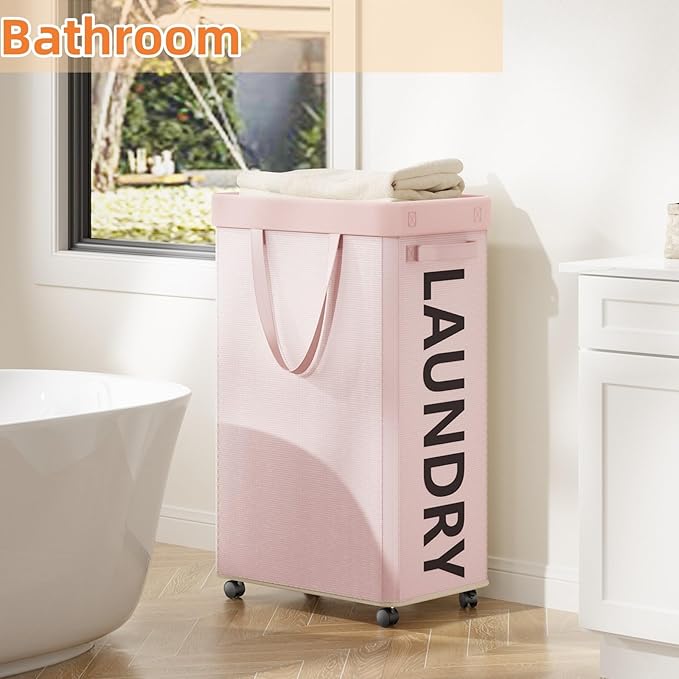 Optish Pink Laundry Basket with Wheels, Dorm Room Essentials for Girls, 90L Rolling Laundry Hamper with Wheels and Removable Mesh Bag for Clothes, Bedroom, Bathroom, College