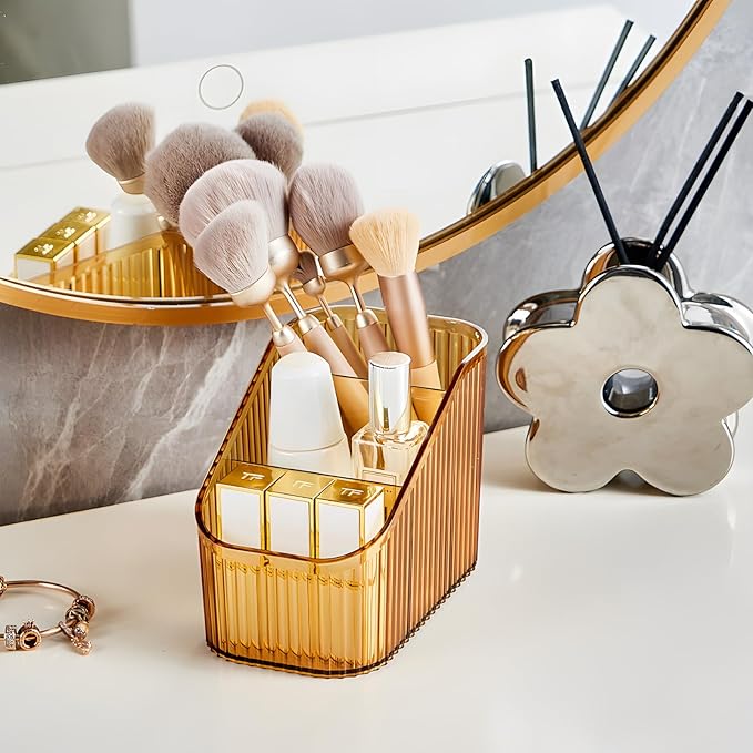 Amber Makeup Brush Holder Organizer for Vanity, Bathroom Countertop Organizer 6 Cups, Toiletry Organizer, Storage & Display for Skincare, Perfume, Hairbrush, Sunglasses & Desk Accessories