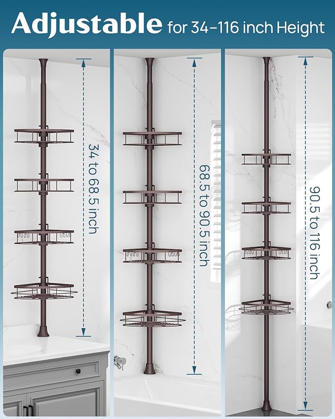 SEIRIONE Rustproof Shower Corner Caddy Organizer for Bathroom, Tension Pole with 4 Baskets, for Bathtub Storage Rack, 34 to 116 Inch Height, Bronze